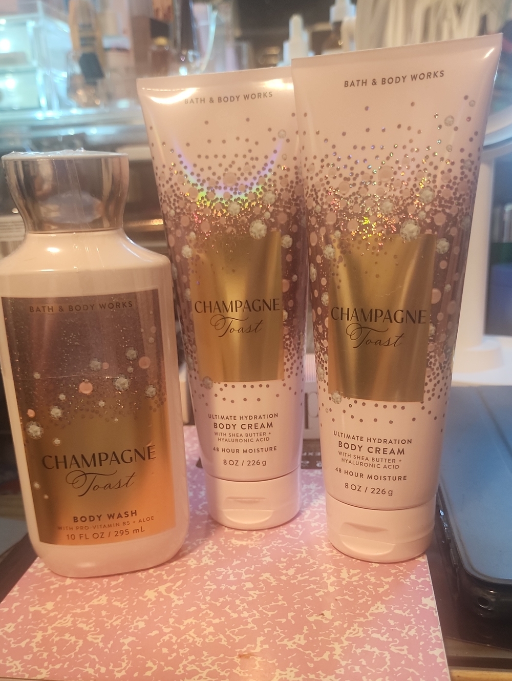 Bath & Body Works Champagne Toast Body Wash + 2 Body Creams - Pink & Gold